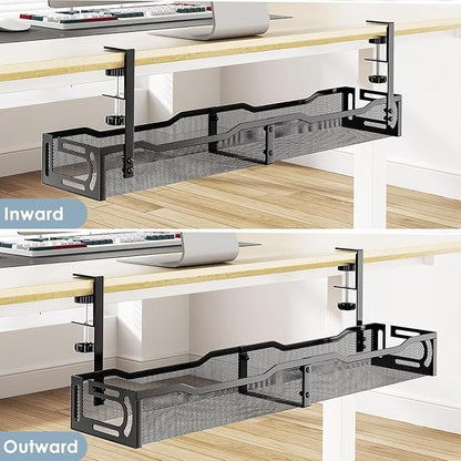 Cable Management, 25'' Cable Management Under Desk No Drill, Metal Cord Organizer with Clamp for Standing Desk, Cable Organizer for Home Office, Black