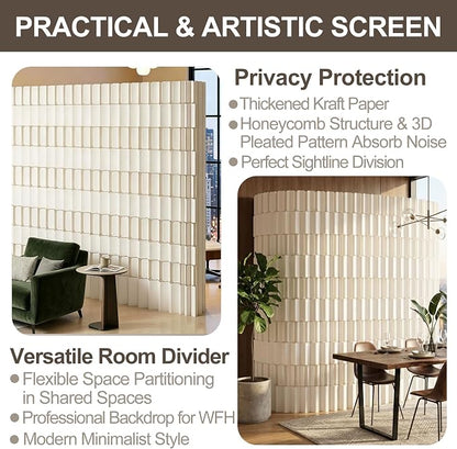 Modern Folding Room Divider for Space Separation, 5.2ft Tall Honeycomb Accordion Privacy Screen, Kraft Paper Portable Freestanding Partition Wall, No Drilling (Style-C, L196.8 x H70.8 Inch)