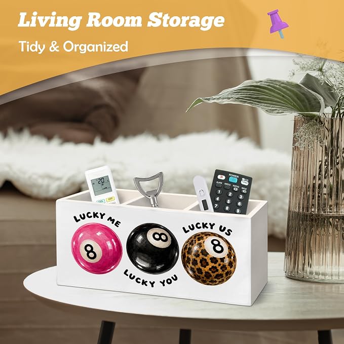 Trendy Retro 8 Ball Pen Holder Organizer for Desk Accessories, Girly Office Decor, Funky Preppy Y2K Lucky Me Lucky 8 Ball Wooden Box Sign Desk Decorations for Girls Room Bedroom Dorm Decor