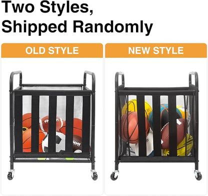 STO STO 2 Pack Rolling Sports Ball Storage Cart, Lockable Basketball Cage with Elastic Straps, Sport Equipment Holder Organizer for Indoor Outdoor, Steel Storage Rack for Playgroud and Gym, Black