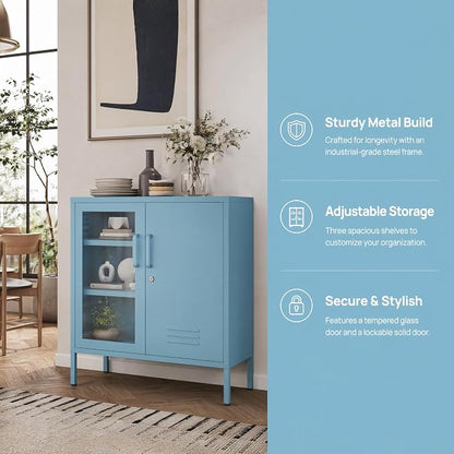 29.5" Wide Blue Metal Storage Cabinet with Lock and Ventilated Doors, 2 Adjustable Shelves, Heavy Duty Home Metal Accent Locker for Kitchen Office Living Room Hallway