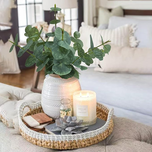 15" Artificial Eucalyptus Stems Potted Plant,Realistic Indoor Greenery Fake Silk Eucalyptus Stem with Vase,Small Minimalist Faux Bathroom Desk Plants in Vase for Home Office Shelf Decor