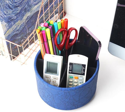 Round Leather Art Supply Organizer,Remote Control Holder,360 Degree Spinning,Multi-Functional Pencil Holder,4 Compartments Desktop Stationary Organizer(1-Lace Flower Blue)