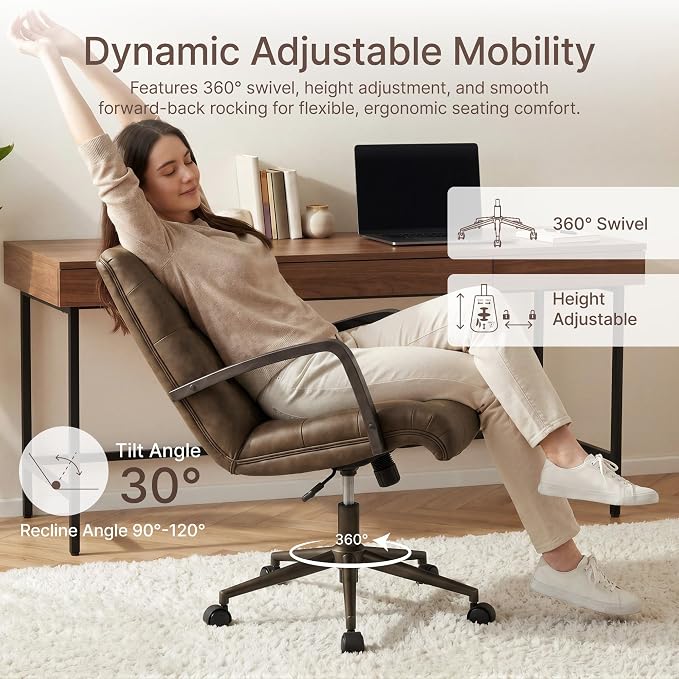 KISLOT Home Office Desk Chair, Ergonomic Office Chair with Square-Patterned Leather Upholstery, Adjustable Swivel Computer Chair with Wood Arms & Wheels, Soft-Rounded Front Edge, Brown