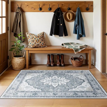 RELEANY Area Rugs 3'x5' Washable Non-Slip, Floral Vintage Distress Medallion Carpet for Living Room Bedroom Dining Room, Light Gray Grey White