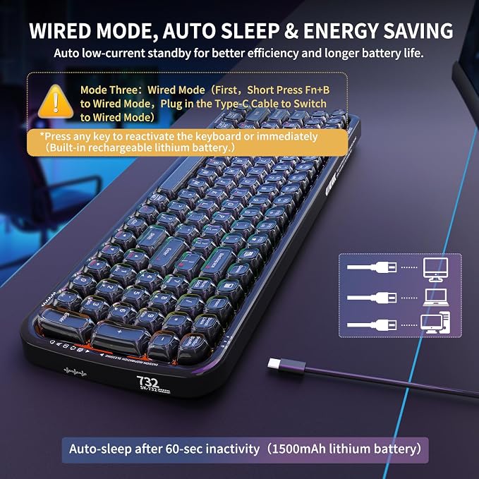 FOPETT Wireless Computer Keyboard with RGB Backlit, Tri-Mode Bluetooth 5.0/USB-C/2.4GHz Gaming Keyboard, Full Size Layout, Ergonomic Curved Design for Windows Mac PC Gamers & Office-Black
