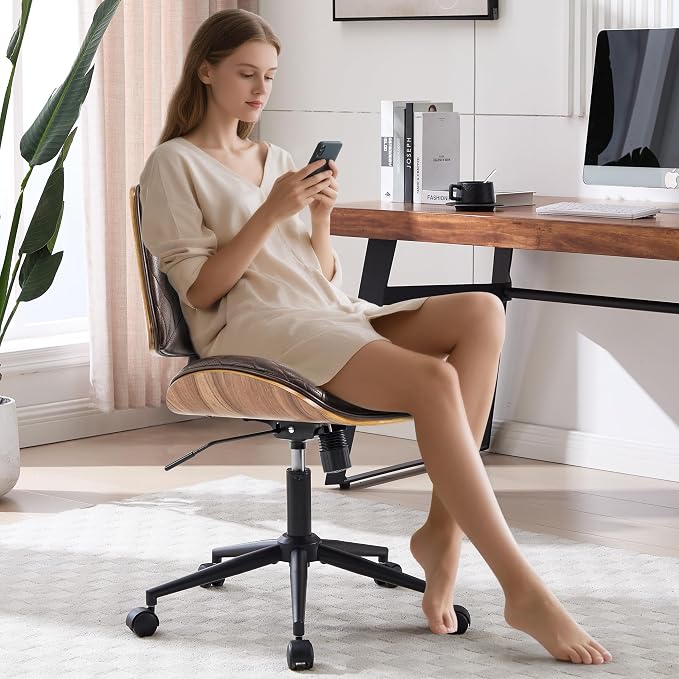 Walnut Bentwood Mid Back Armless Office Chair 2 Pack, Adjustable Height PU Leather Swivel Desk Chair with Wheels, Rolling Computer Task Chair for Home Office, Study, Meeting Room