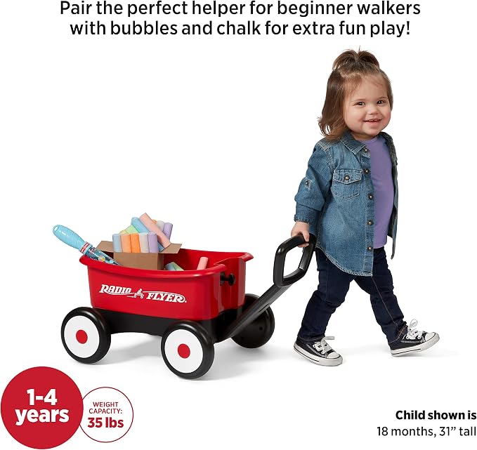 Radio Flyer Push & Pull Walker Wagon with Bubbles and Chalk, Red, for Kids 1-4 Years Old, Locking Handle, Baby Push Walker Converts to Pull Wagon, for Indoor & Outdoor Play, Amazon Exclusive