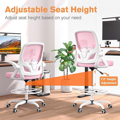 ORRSAKER Drafting Chair, Tall Office Chair with Flip-up Arms, Mesh Ergonomic Computer Standing Desk Chair with Adjustable Height Foot Ring and Lumbar Support, 300 LBS Capacity, Pink