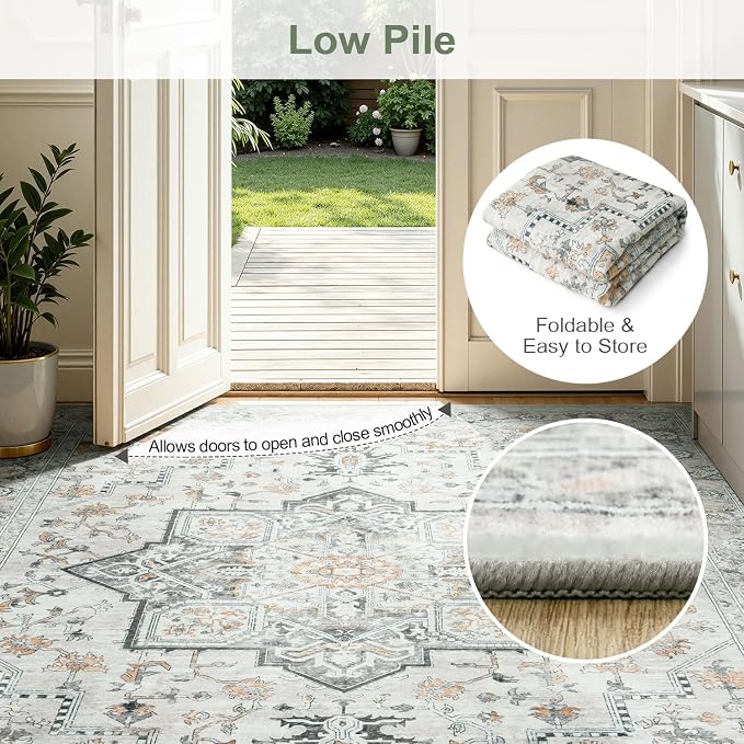 Lofus 5x7 Washable Rugs Non-Slip, Vintage Floral Area Rug for Living Room Bedroom Dining Room Kitchen, Low Pile Distress Print Carpet Home Decor Rug, Octagram Medallion Grey Beige