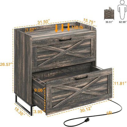 Halitaa File Cabinet 2 Drawers Lateral File Cabinet with Charging Station for Letter/Legal/A4 Size Hanging Files, Large Wood File Storage Cabinets Printer Stand for Home Office, Dark Rustic Oak