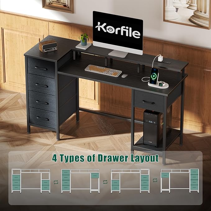 Korfile 55 Inch Computer Gaming Desk with Power Outlets LED Lights Reversible Home Office with Adjustable Fabric Storage Drawers for Working Writing Study, Black