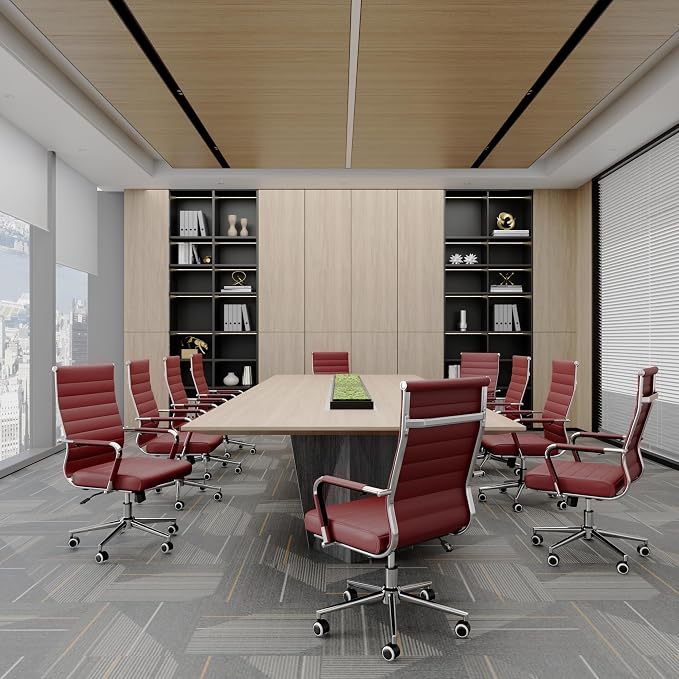 Red Office Desk Chair, Ergonomic Leather Modern Conference Room Chairs, Executive Ribbed Height Adjustable Swivel Rolling Chair for Home Office. (Red)