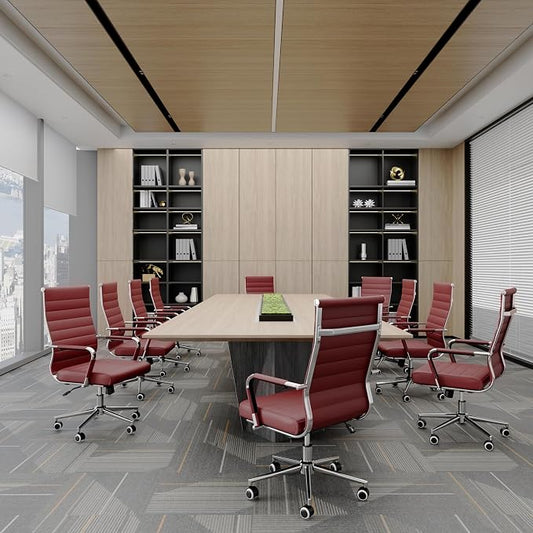 Red Office Desk Chair, Ergonomic Leather Modern Conference Room Chairs, Executive Ribbed Height Adjustable Swivel Rolling Chair for Home Office. (Red)