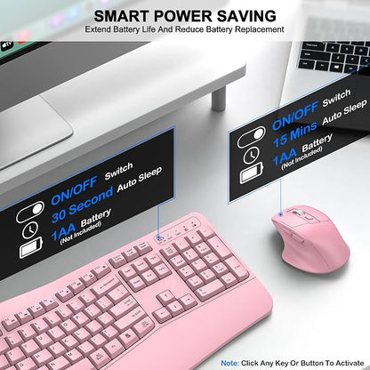 Wireless Keyboard and Mouse Combo, 2.4G Full Size Wave Keys Ergonomic Keyboard with Wrist Rest and 3-Level DPI Adjustable Wireless Ergonomic Mouse for Windows, Mac OS Desktop/Laptop/PC(Pink)