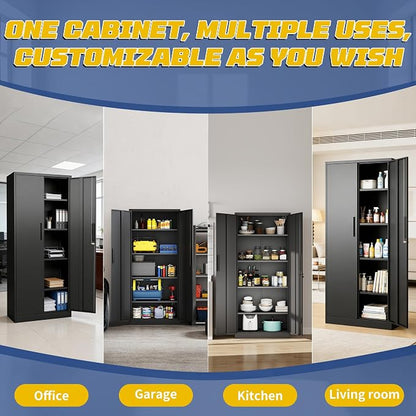 Metal Storage Cabinet with Doors and Adjustable Shelves, 71" Steel Garage Storage Cabinets with lock, Locking Tool Cabinet Utility Cabinets for Garage,Bathroom,Kitchen,Home Office,School,Shop