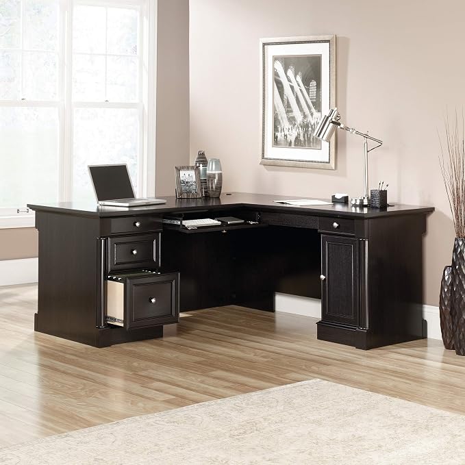 Sauder Palladia L Shaped Desk with Drawers, Office Desk with File Cabinet Storage, Cable Management, Keyboard Tray, in Wind Oak Finish