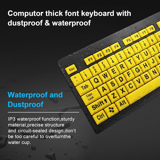 BOOGIIO Large Print Computer Keyboard, Wired USB High Contrast Keyboard with Oversized Print Letters for Visually Impaired Low Vision Individuals (Yellow+Black)