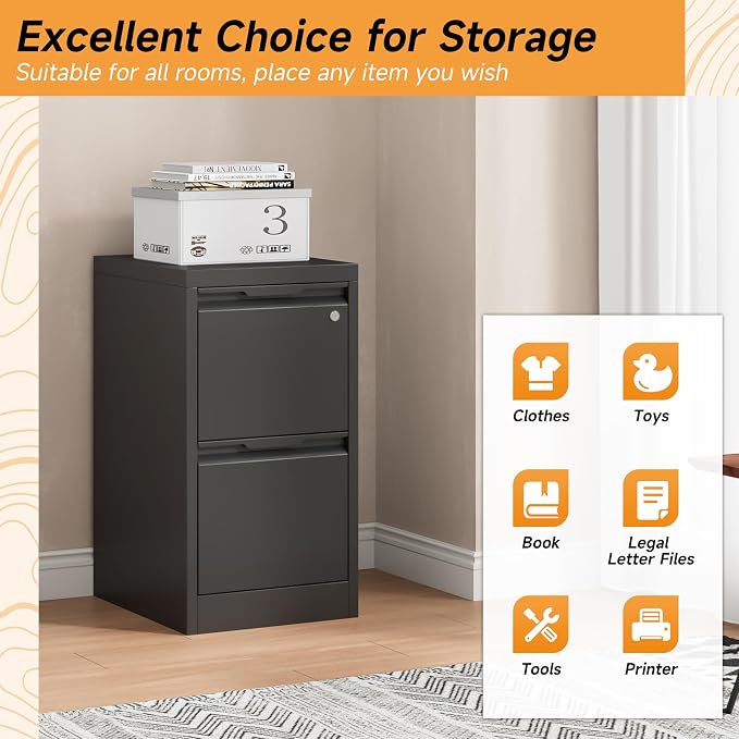 Bestoo File Cabinet, 2 Drawer Filing Cabinet with Lock, Vertical Filing Storage Cabinet for Home Office, Metal File Cabinets, Office Storage Cabinet for Letter, Legal, A4, File Folders