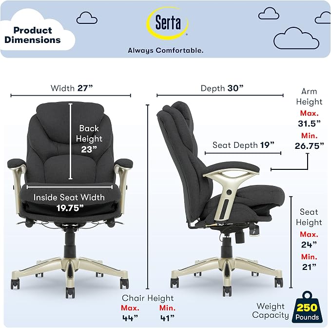 Serta Claremont Executive Office Chair with Back-In-Motion Technology, Ergonomic Mid-Back with Pivot Lumbar Support and Seat, Plush Cushion, Body Pillows, Adjustable Arms, Dark Gray Fabric
