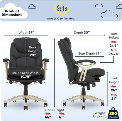Serta Claremont Executive Office Chair with Back-In-Motion Technology, Ergonomic Mid-Back with Pivot Lumbar Support and Seat, Plush Cushion, Body Pillows, Adjustable Arms, Dark Gray Fabric