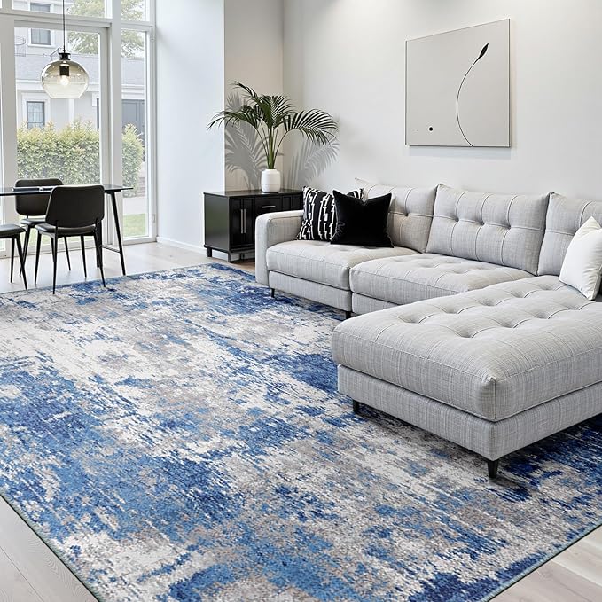 RELEANY Washable Area Rugs Square 10ft Non-Slip Modern Abstract Soft for Living Room Entryway Bedroom Kitchen, Print Pattern, Blue Grey Navy Gray
