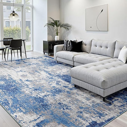 RELEANY Washable Area Rugs Square 10ft Non-Slip Modern Abstract Soft for Living Room Entryway Bedroom Kitchen, Print Pattern, Blue Grey Navy Gray