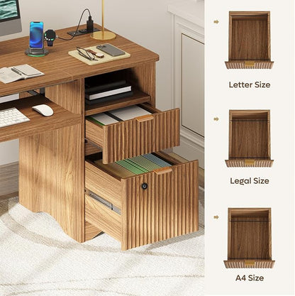 Bestier 55 Inch Wood Computer Desk with Fingerprint Lockable Drawers and Keyboard Tray,Modern Home Office Desk with File Drawer & Charging Station, Oak Wooden Desk for Work, Brown