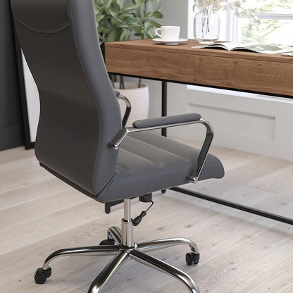 Merrick Lane Milano Contemporary High-Back Gray Faux Leather Home Office Chair with Padded Chrome Arms
