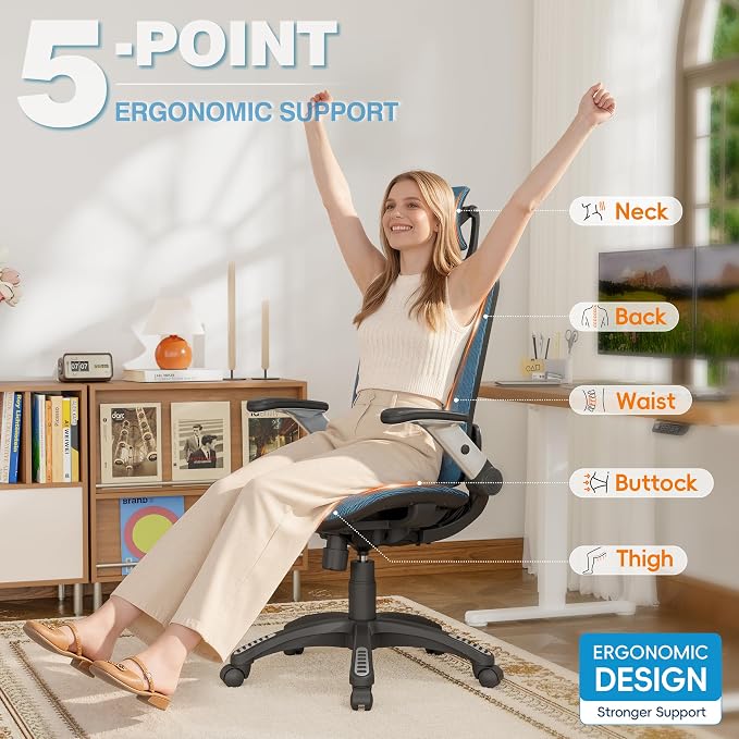 GABRYLLY Ergonomic Office Chair, High Back Mesh Desk Chair with Adjustable Headrest, Flip-Up Arms, 90-120° Tilt Lock, Lumbar Support and Comfy Seat, Swivel Computer Task Chair, Blue