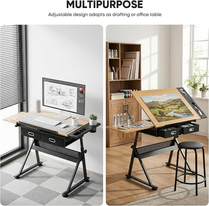 Magshion Professional Drafting Table for Adults w/Stool, Tilting Wooden Tabletop & Adjustable Height, Art Craft Desk Watercolor Painting Sketching Work Station for Studio Home Office School (Natural)