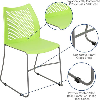 Flash Furniture HERCULES Series 661 lb. Capacity Green Stack Chair with Air-Vent Back and Gray Powder Coated Sled Base
