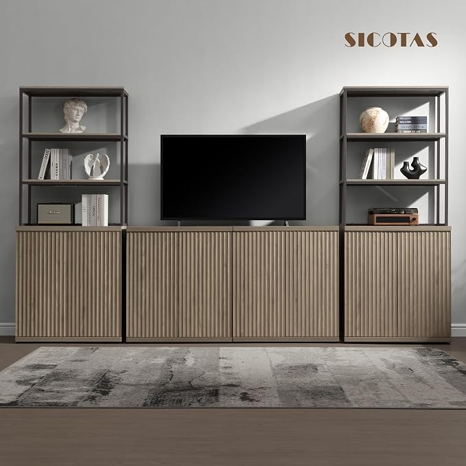 SICOTAS Book Shelf Fluted Bookshelf Cabinet - 75" Tall Bookcase 6 Tier Large Bookshelves with Doors Storage Modern Wide Book Shelves Case for Living Room Home Office Library, Metal Frame, Grey