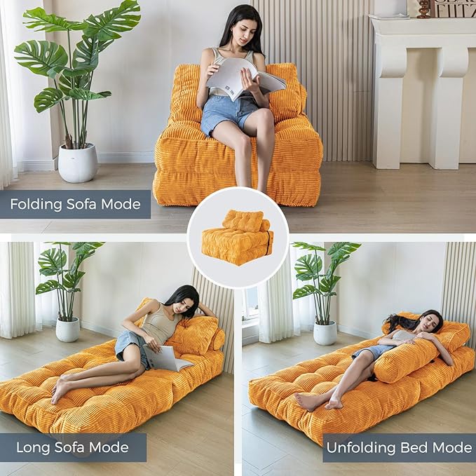 MAXYOYO Folding Sofa Bed, Convertible Chair with Pillow Foldable Couch with Back Support, Portable Fold Out Chair Bed Comfy Floor Sofa Lounge for Living Room Bedroom, Orange, Single
