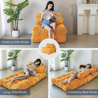 MAXYOYO Folding Sofa Bed, Convertible Chair with Pillow Foldable Couch with Back Support, Portable Fold Out Chair Bed Comfy Floor Sofa Lounge for Living Room Bedroom, Orange, Single