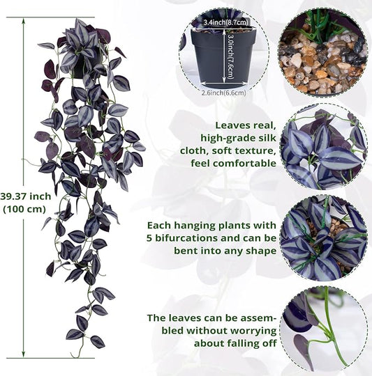 LOYWREE 3Pack Small Fake Hanging Purple Plant Artificial Potted Plants Indoor 39-in Long Faux Dark Black Vine Plant for Shelf Home Office and Outdoor Garden Decor (Black Pot)