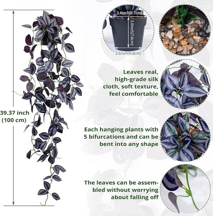 LOYWREE Small Fake Hanging Purple Eyebrow Leaf Plant Artificial Potted Plants Indoor 39-in Long Faux Dark Black Vine Plant with Pot for Shelf Home Office and Outdoor Garden Decor (Black Pot)
