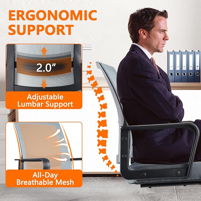 CLATINA Waiting Room Chairs with Armrests and Adjustable Lumbar Support, Breathable Mesh Back Desk Chair No Wheels, Office Guest Chairs & Reception Chair for Conference Room, Grey, 4PK