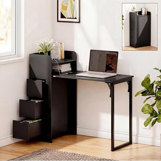 LAUSAINT HOME Wall Mounted Foldable Desk, Space Saving Hidden Desk with Storage & Power Outlet, Fold Out Table for Small Spaces, Home Office Bedroom (Black)