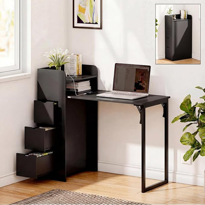 LAUSAINT HOME Wall Mounted Foldable Desk, Space Saving Hidden Desk with Storage & Power Outlet, Fold Out Table for Small Spaces, Home Office Bedroom (Black)