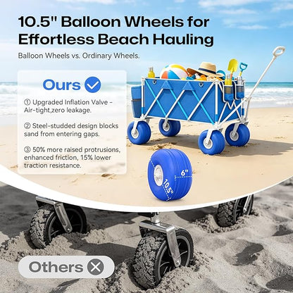 Premium 10.5" Balloon Wheels Beach Wagon - 450LBS Heavy Duty Sand Wagon, Foldable All Terrain Collapsible Utility Wagon with Removable Cooler Bag, Easy Roll for Soft Sand Family Camping - Blue