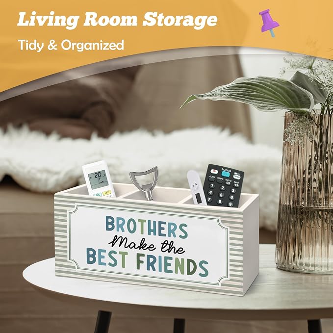 Boy Nursery Decor Kids Pen Holder Organizer for Desk Accessories, Brothers Make the Best Friends Neutral Striped Wooden Box Sign Desk Decorations for Kids Boys Room Bedroom Playroom Decor