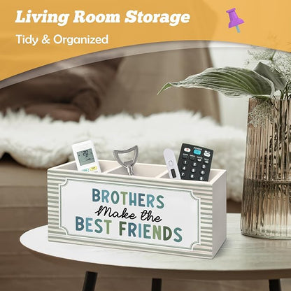 Boy Nursery Decor Kids Pen Holder Organizer for Desk Accessories, Brothers Make the Best Friends Neutral Striped Wooden Box Sign Desk Decorations for Kids Boys Room Bedroom Playroom Decor