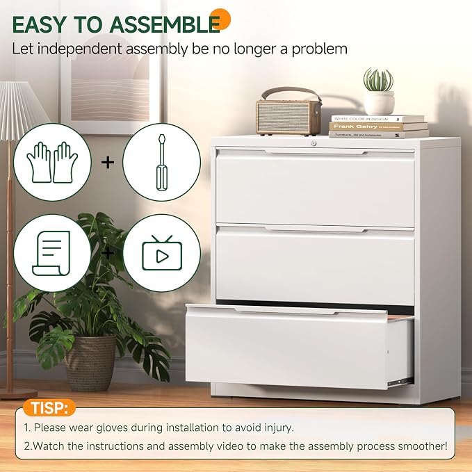Lateral File Cabinet 3 Drawer, Metal File Cabinet with Lock | Filing Cabinets for Home Office, Black Locking Deep Drawer for Hanging Files Letter/Legal/A4/F4 Size, Assembly Required
