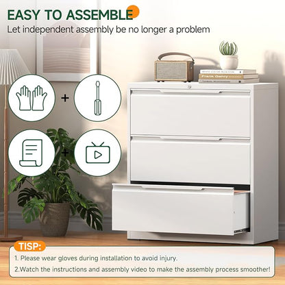 Lateral File Cabinet 3 Drawer, Metal File Cabinet with Lock | Filing Cabinets for Home Office, Black Locking Deep Drawer for Hanging Files Letter/Legal/A4/F4 Size, Assembly Required