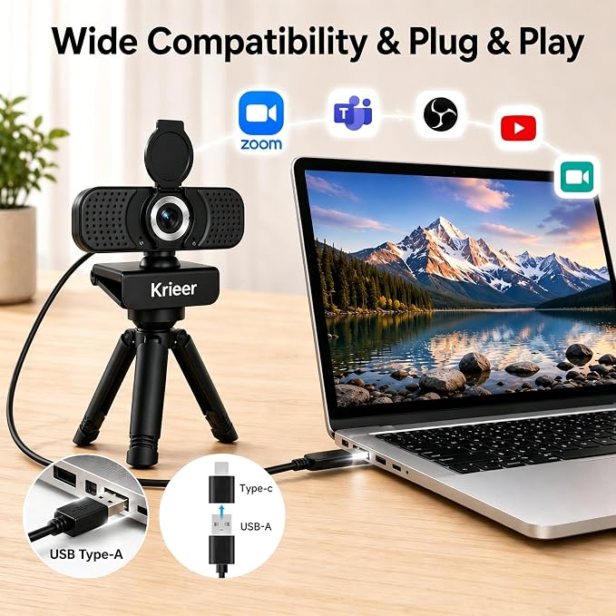 1080P HD Webcam with Dual Mics, Rotatable Tripod, Privacy Cover & USB‑A to C Adapter – Plug & Play USB Camera with Auto Light Correction for PC/Laptop, Video Calls, Streaming, Gaming & Online Meetings