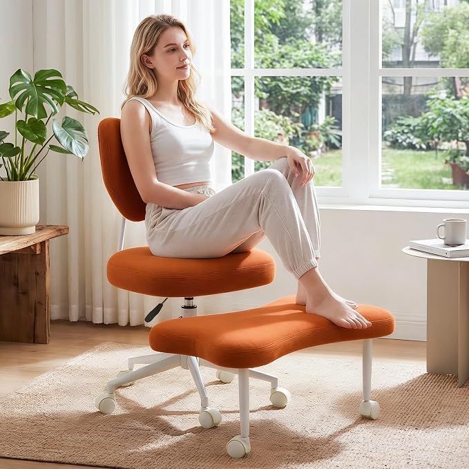 Cross Legged Office Chair with Wheels, 360 Swivel Height-Adjustable Meditation Chair with Lumbar Support, Orange