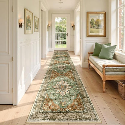 RELEANY Area Rugs Runner 2'x9' Washable Non-Slip, Floral Vintage Distress Medallion Carpet for Kitchen Hallway Bedroom Beside Laundry Room Bathroom, Terracotta Burnt Orange Green