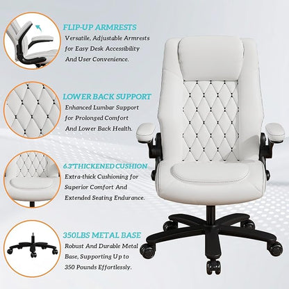 GYI High Back Executive Office Desk Chair, Leather Computer Chair, White | 2.6"Rubber Wheels, Flip-up Arms, Heavy Duty Base, Thick Padded Seat, Lumbar Support, Home, Conference Rooms, Reception Areas