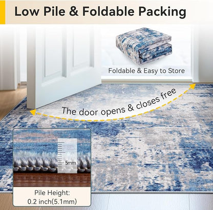 RELEANY Washable Area Rugs 9'x12' Non-Slip Modern Abstract Soft for Living Room Entryway Bedroom Kitchen, Print Pattern, Blue Grey Navy Gray